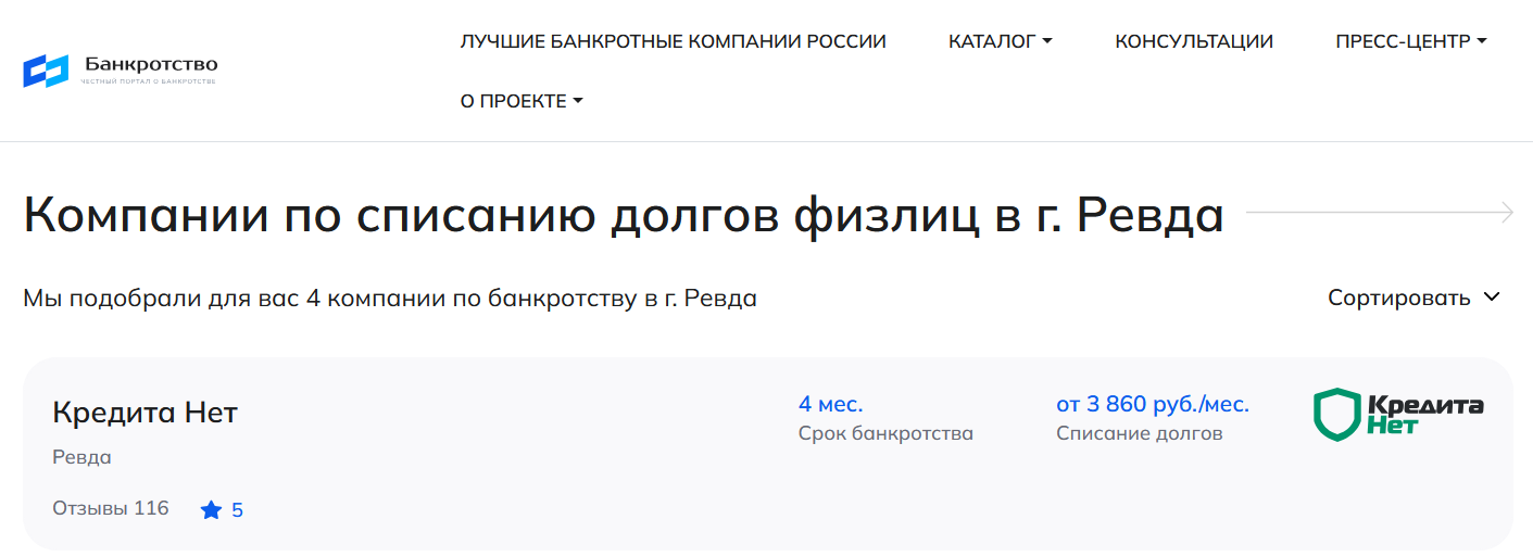 КредитаНет – первые в рейтинге компаний по банкротству в Ревде на сайте Банкротство Инфо